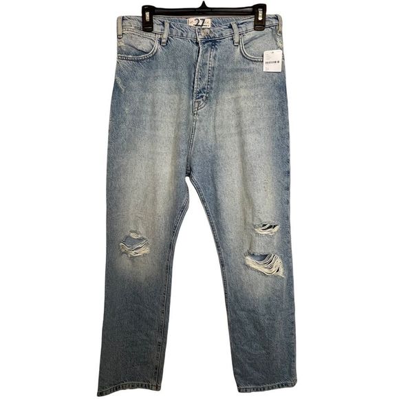 Free People Denim - Free People High Rise Button Front Straight Leg Distressed Jeans 27
